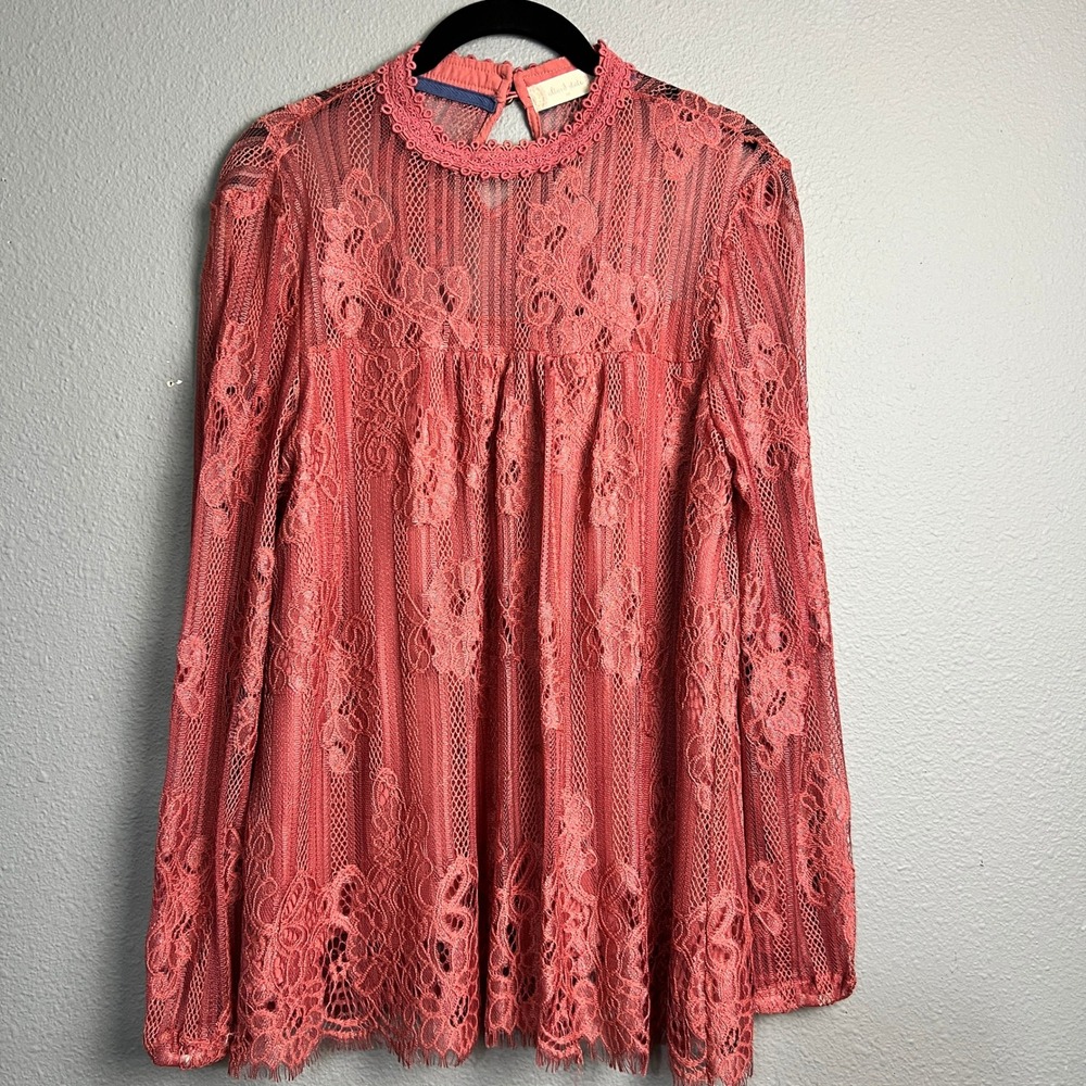 Altar'd State Lace Babydoll Mock Neck Tunic Top Victorian Romantic Pink Medium‎